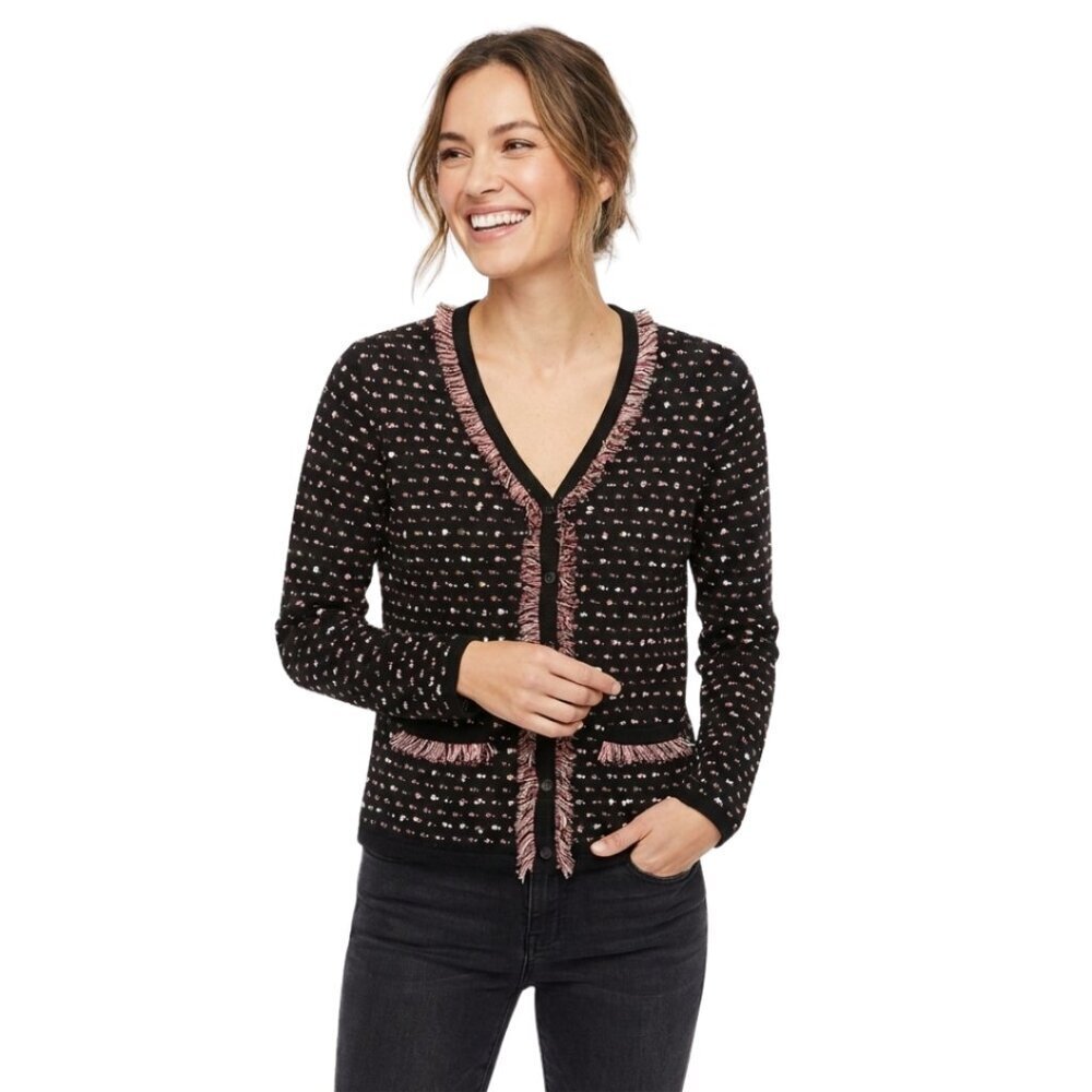 Jennifer Moore Vintage Petite M Fringe Button Cardigan Sweater Black Retro Boho